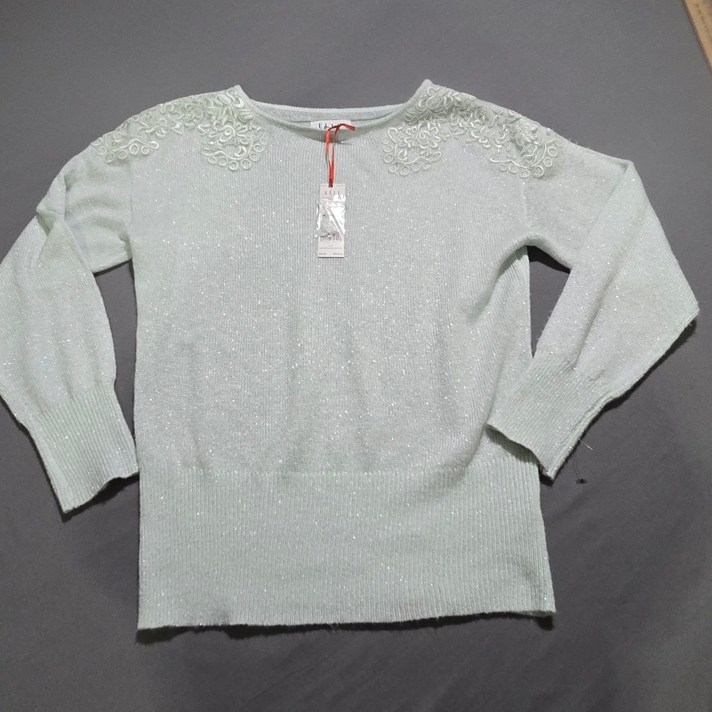 new Elle Lace Applique Sweater Women Medium Green Shimmer Knit Romantic Coquette